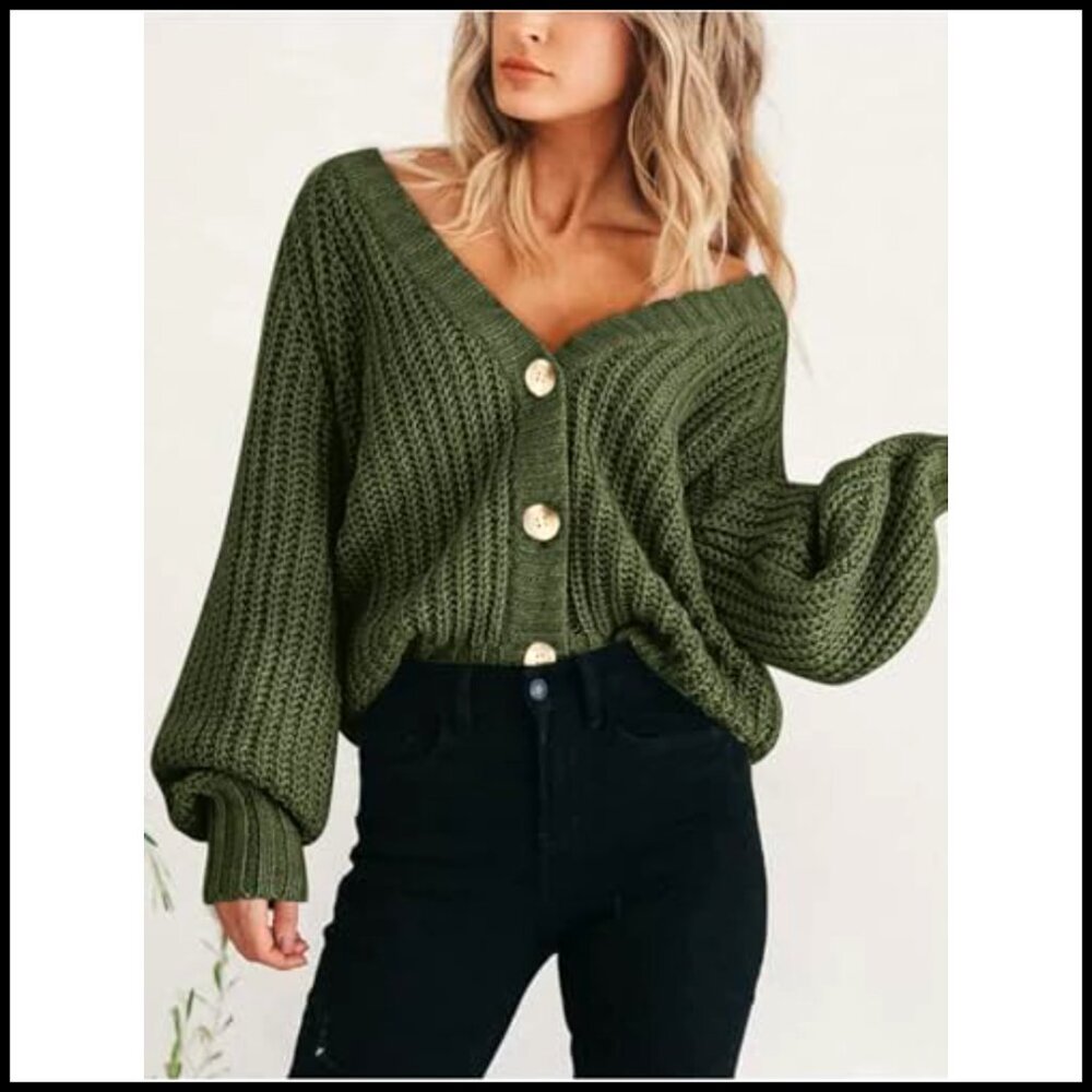 Chunky Knit Open Front Cardigan, Long Sleeve Button Loose Sweater, Women's - Picture 6 of 7